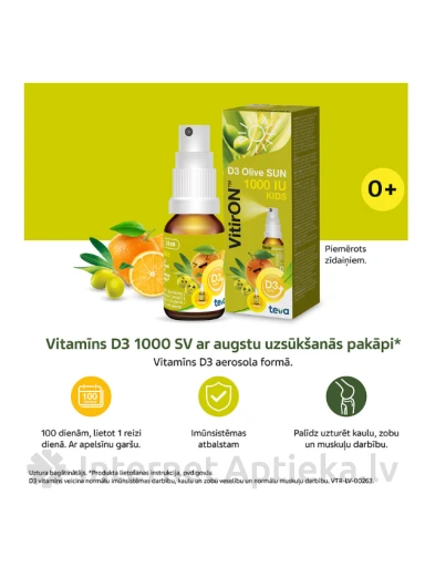 VitirON витамин D3 Olive SUN Kids 1000IU для детей, спрей, 10 мл | internetaptieka.lv