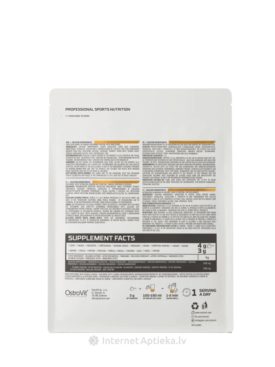 OstroVit Creatine Monohydrate Orange pulveris, 300 g | internetaptieka.lv