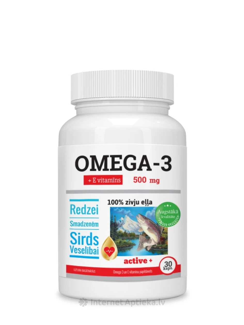 Omega-3 kalaõli 500 mg + E-vitamiin, 30 kapslit | internetaptieka.lv