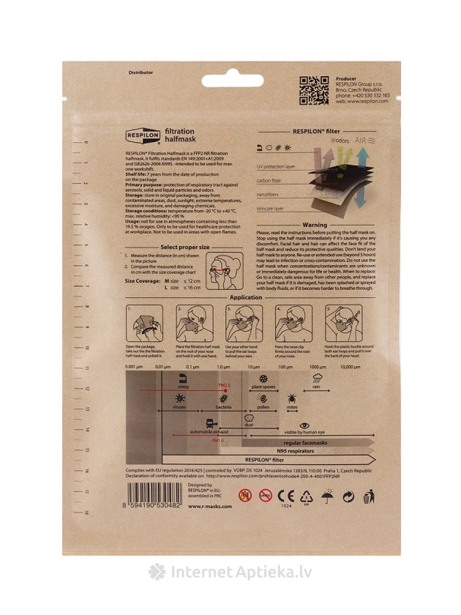 Респиратор для лица Respilon carbon FFP2 размер M, 3 шт. | internetaptieka.lv
