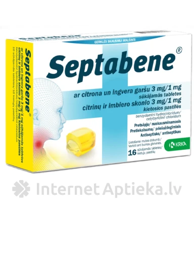 Septabene ar citrona un ingvera garšu 3 mg/1 mg, 16 sūkājamās tabletes | internetaptieka.lv