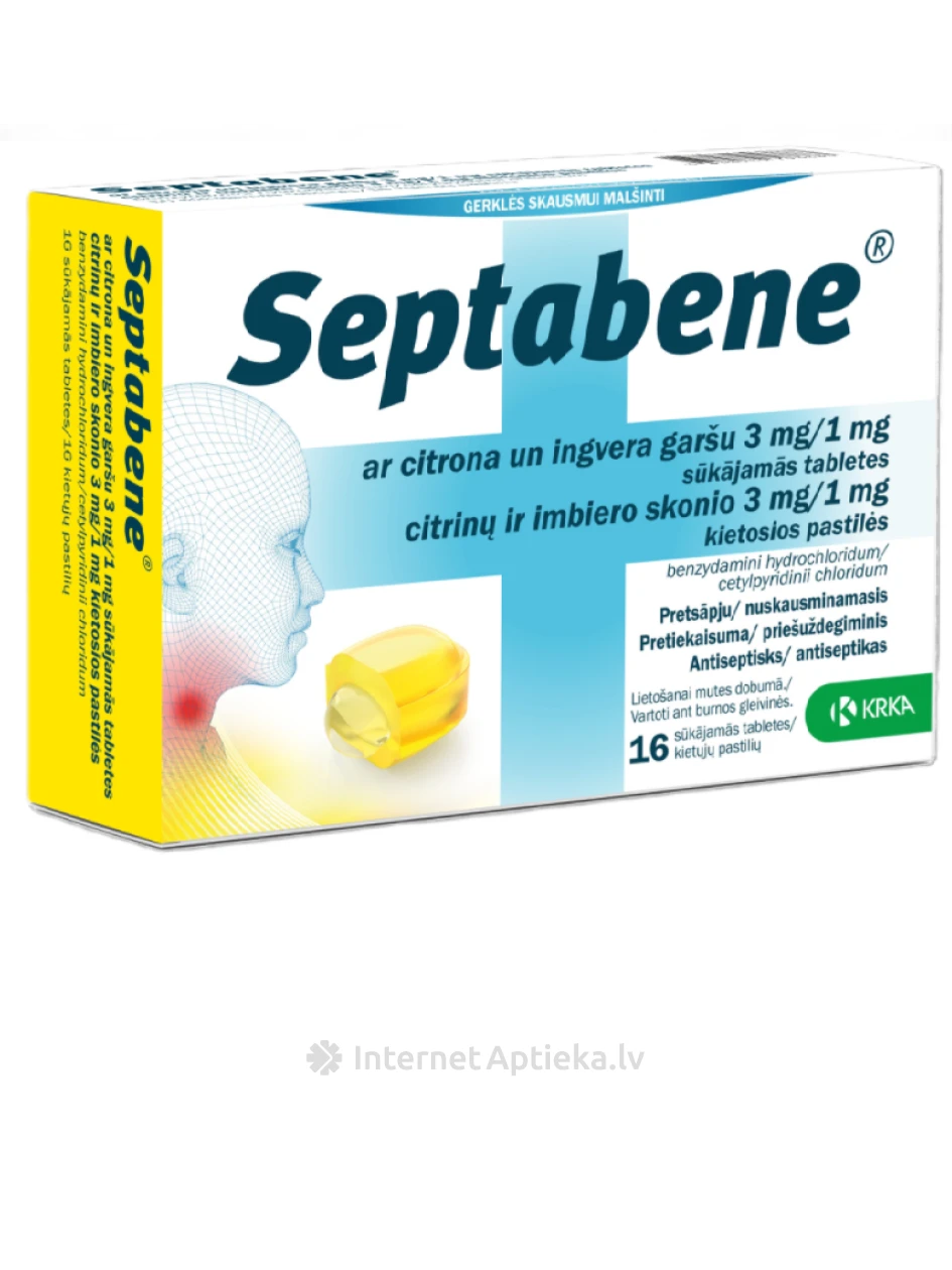 Septabene ar citrona un ingvera garšu 3 mg/1 mg, 16 sūkājamās tabletes | internetaptieka.lv
