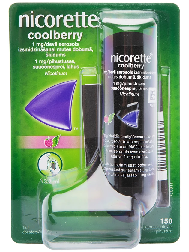 Nicorette Coolberry 1 mg/devā aerosols izsmidzināšanai mutes dobumā, šķīdums