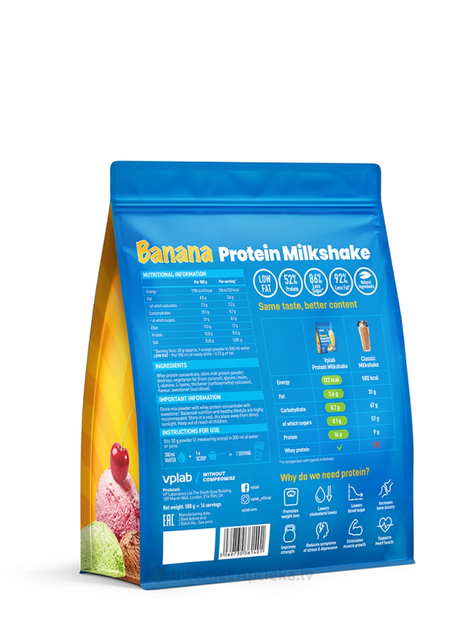 VPLAB Proteīna piena kokteilis Banāns, 500 g | internetaptieka.lv