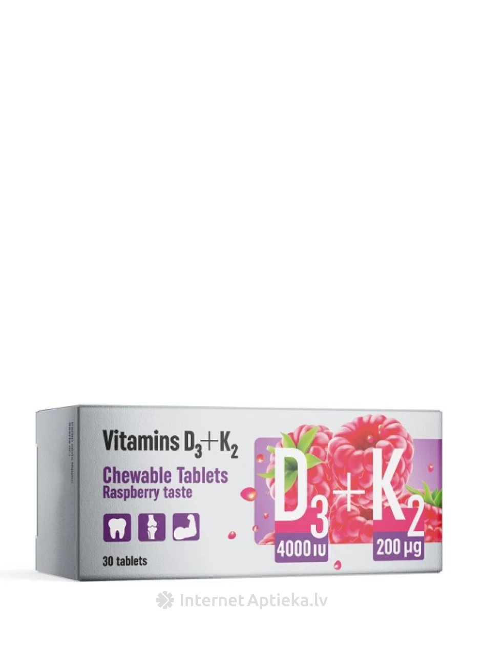 Vitamiinid D3+K2, 30 närimistabletti | internetaptieka.lv
