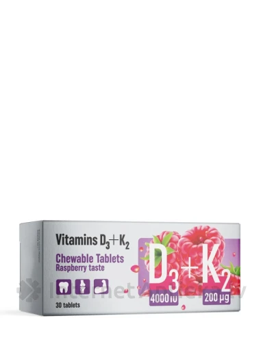 Vitamīni D3+K2, 30 košļājamas tabletes | internetaptieka.lv
