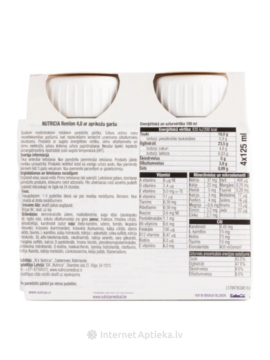 Nutricia Renilon 4.0 ar aprikožu garšu, 125 ml x 4 gb. | internetaptieka.lv