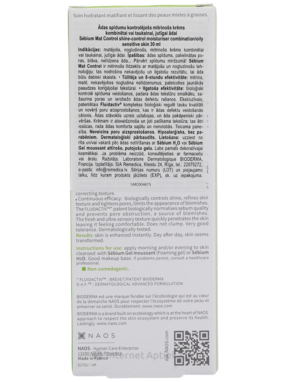 Bioderma Sébium Mat Control mitrinošs krēms kombinētai vai taukainai ādai, 30 ml | internetaptieka.lv