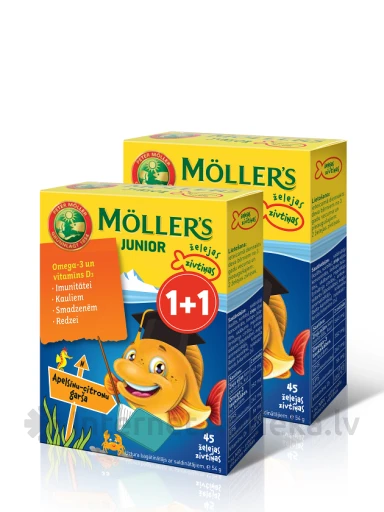 Möller′s Omega-3 Junior рыбий жир с апельсиново-лимонным вкусом 1+1, 45*2 пастилок | internetaptieka.lv