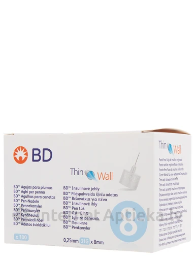 BD Thin Wall 8MM Иглы для инъекций инсулина, 0.25 мм x 8 мм, 31 г, 100 шт. | internetaptieka.lv