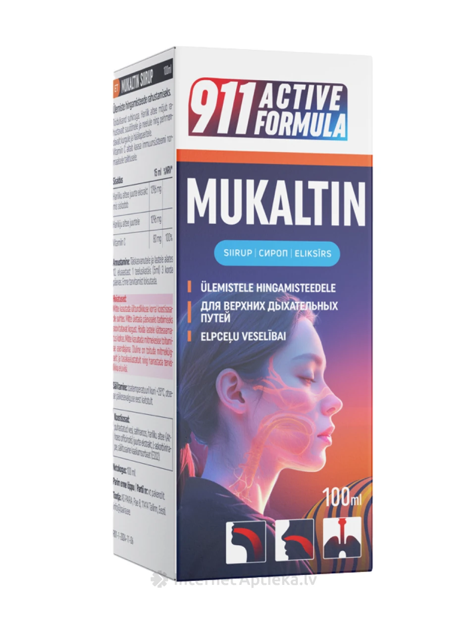 911 Active Formula Mukaltīns eliksīrs Herbal, 100 ml | internetaptieka.lv
