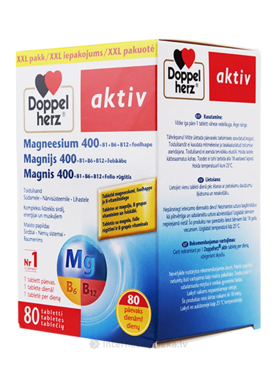 Doppelherz Aktiv Magnijs 400 + Folskābe + B grupas vitamīni, 80 tabletes | internetaptieka.lv