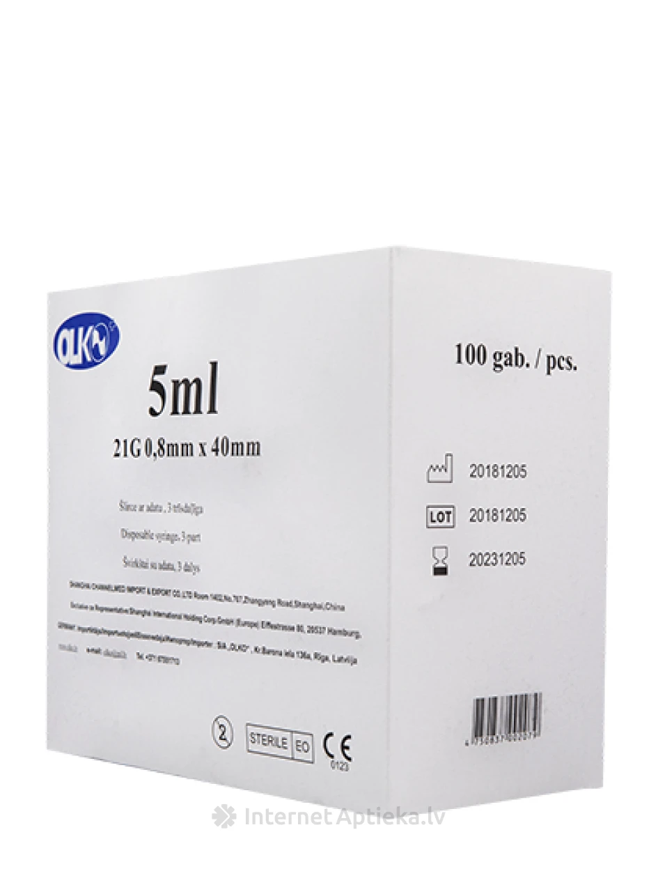 Olko Šļirce 5 ml, 21 G, 3-daļīga, ar adatu 0.8 x 40 mm, 100 gb. | internetaptieka.lv