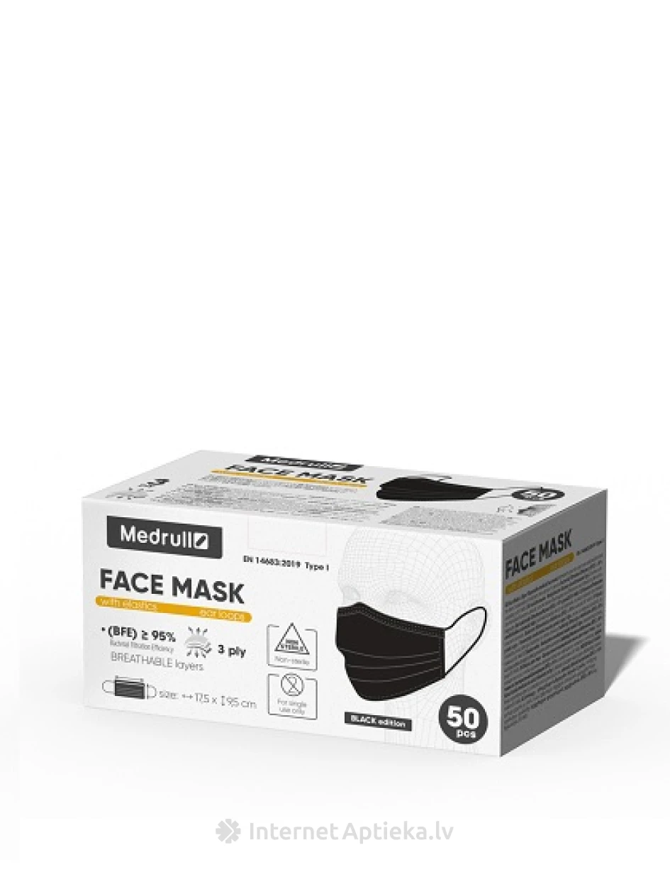 Medrull Maskas (ar gumijām) 3 slāņi melnā krāsā, 50 gb. | internetaptieka.lv