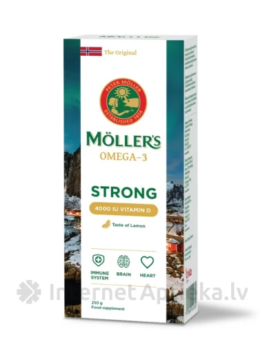 Möller’s Strong + Vitamin D zivju eļļa ar citronu garšu, 250 ml | internetaptieka.lv