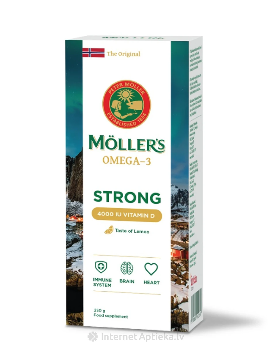Möller’s Strong + Vitamin D zivju eļļa ar citronu garšu, 250 ml | internetaptieka.lv