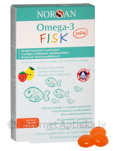 NORSAN OMEGA-3 FISK JELLY ar zemeņu un citronu garšu, 45 želejkonfektes | internetaptieka.lv