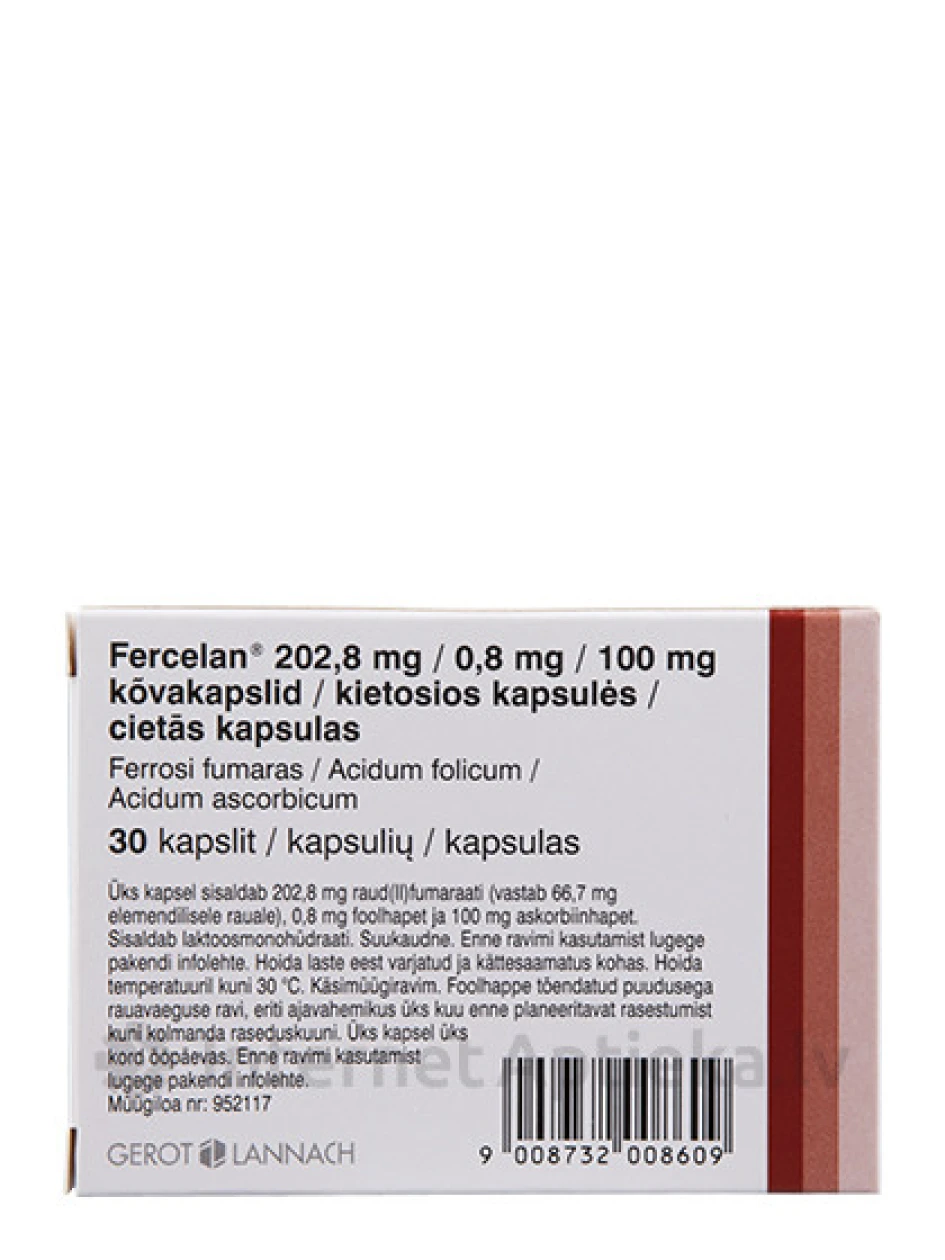 Fercelan 202,8 mg/0,8 mg/100 mg, 30 kõvakapslit | internetaptieka.lv