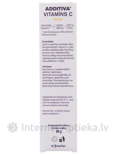 Additiva C vitamīns Zitrone, 20 putojošās tabletes | internetaptieka.lv