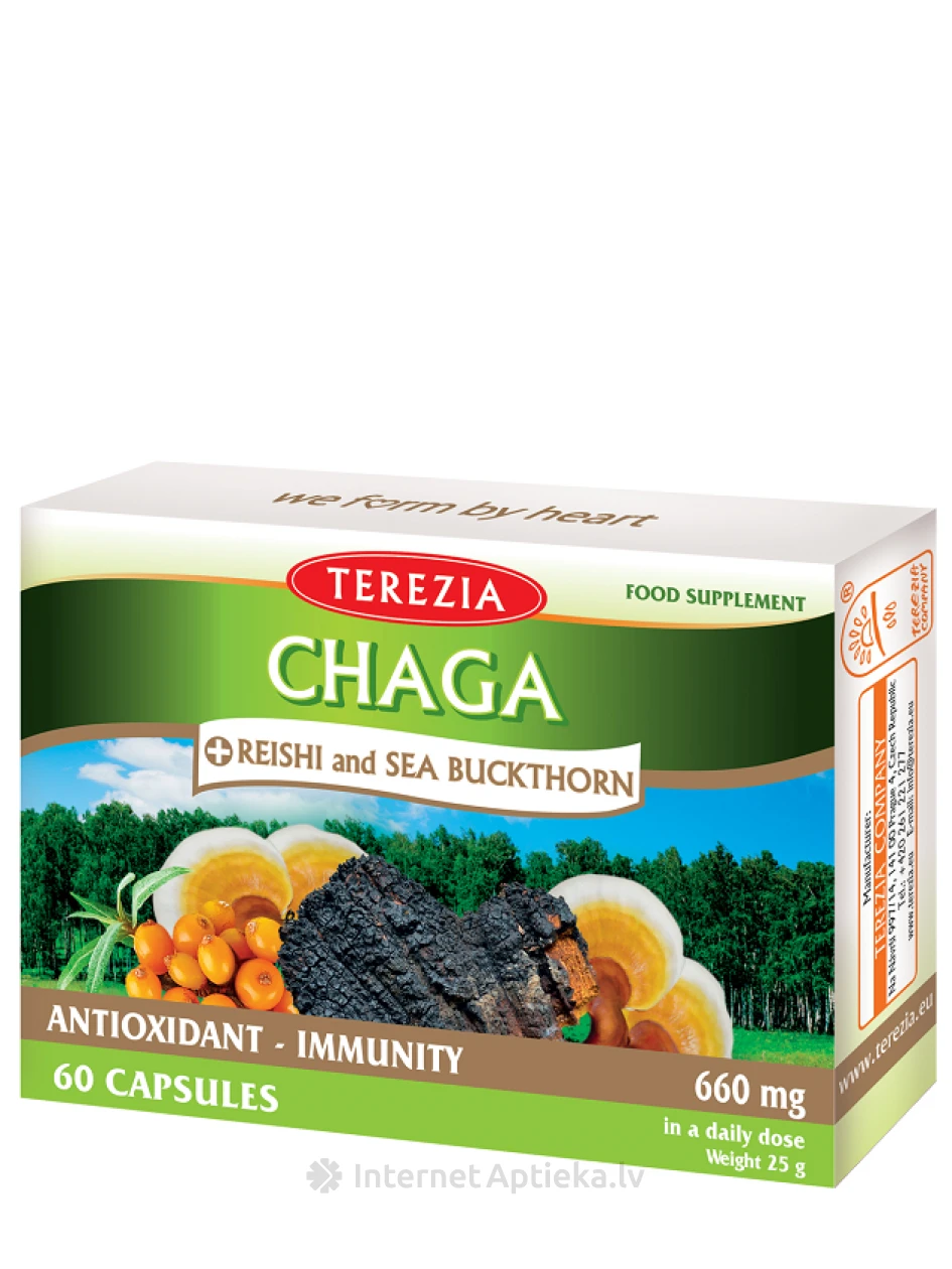 Terezia Chaga sēnes + rēiši un smiltsērkšķis, 60 kapsulas | internetaptieka.lv
