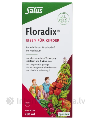 Железо Floradix для детей со вкусом малины, 250 мл | internetaptieka.lv