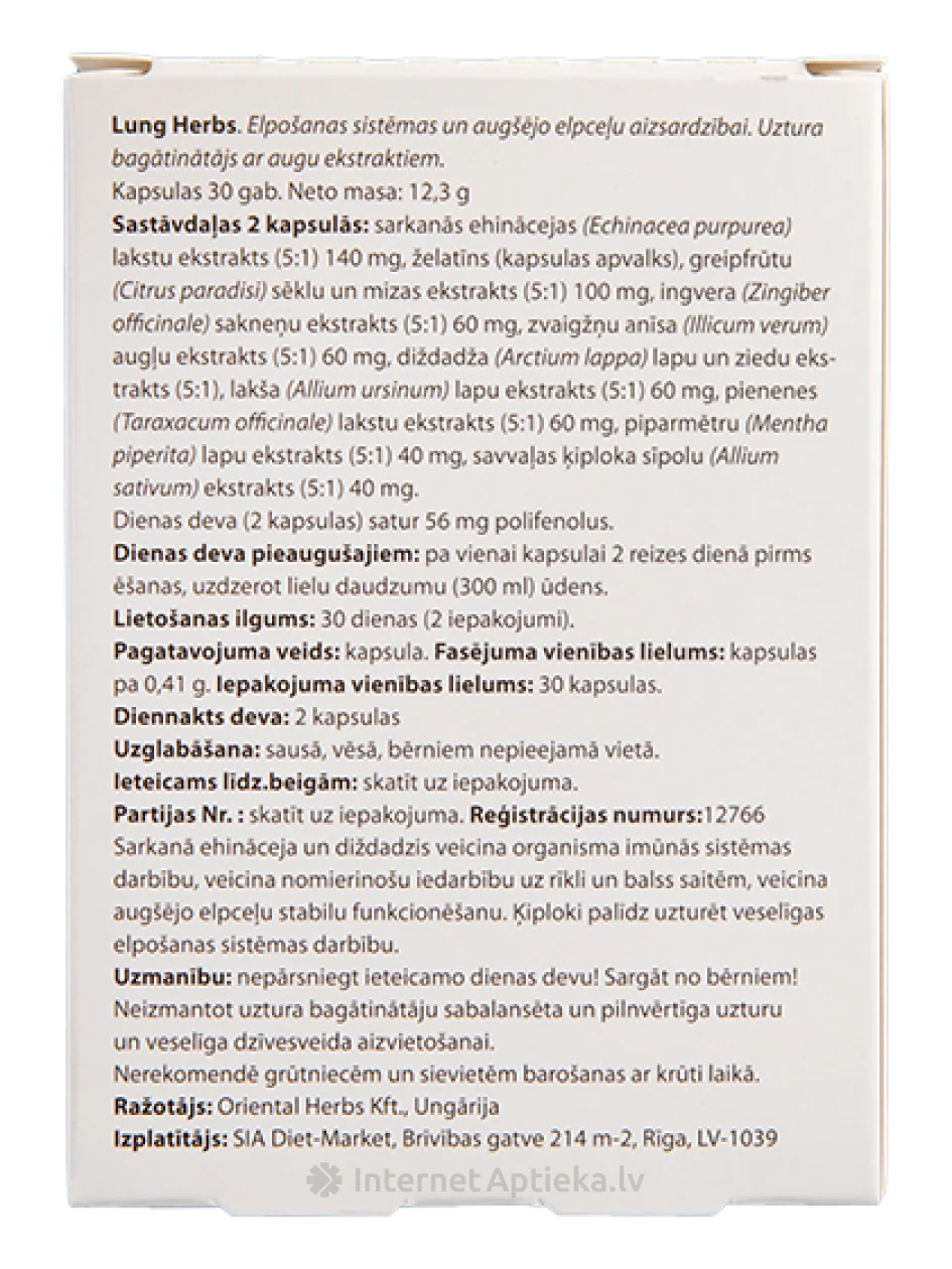 Lung herbs elpceļu aizsardzībai, 30 kapsulas | internetaptieka.lv
