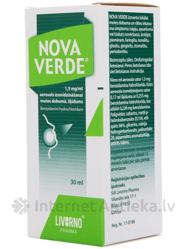 Nova Verde 1,5 mg/ml aerosols izsmidzināšanai mutes dobumā, šķīdums, 30 ml | internetaptieka.lv