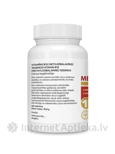 Vitamiin B12 (metüülkobalamiin) 1000mcg, 60 tabletti | internetaptieka.lv