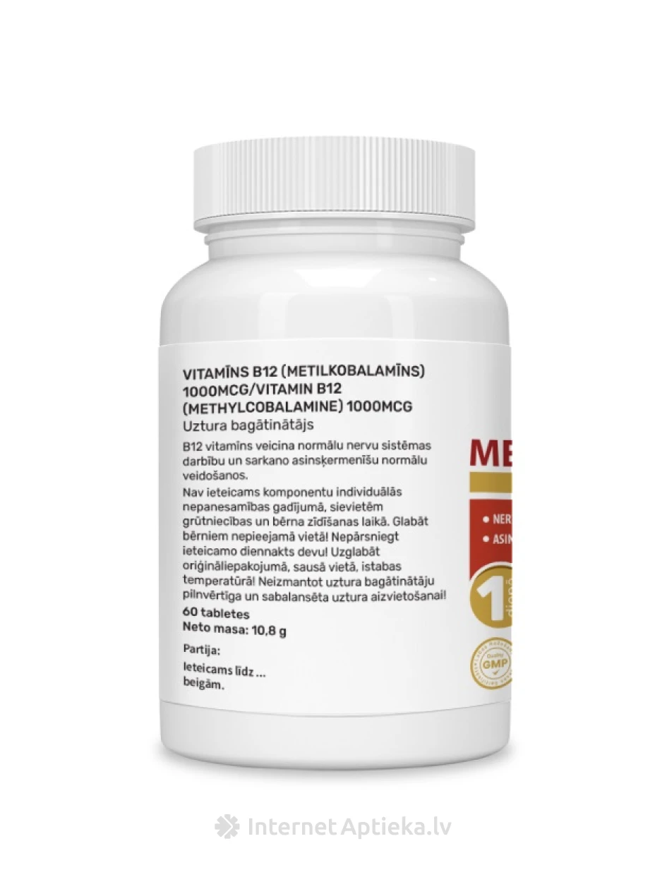Vitamiin B12 (metüülkobalamiin) 1000mcg, 60 tabletti | internetaptieka.lv