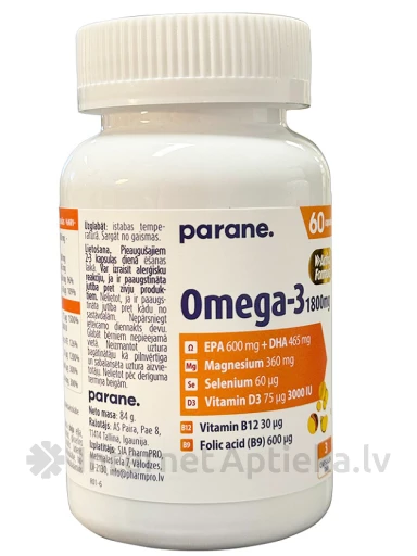 Omega-3 1800 mg + Magnijs + Selēns + Vitamīn D3 Parane, 60 kapsulas | internetaptieka.lv