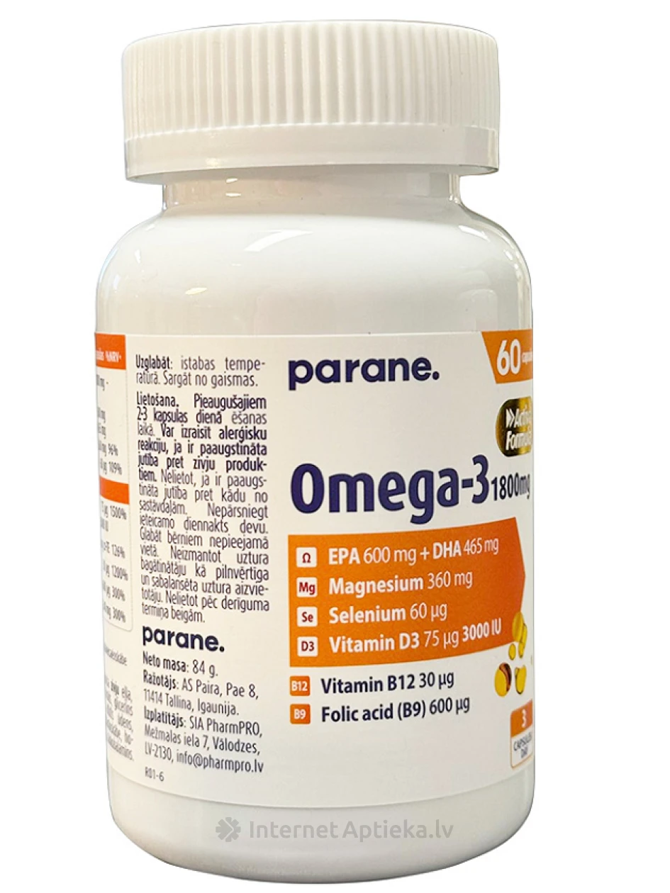 Omega-3 1800, магний, селен, витамин D3 Parane, 60 капсул | internetaptieka.lv