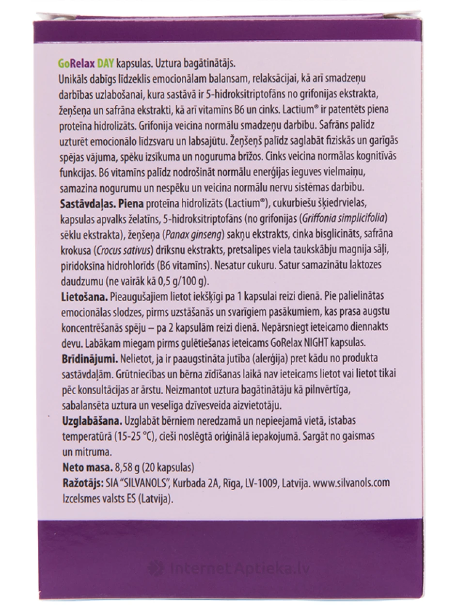 Silvanols GoRelax DAY, 20 капсулы | internetaptieka.lv