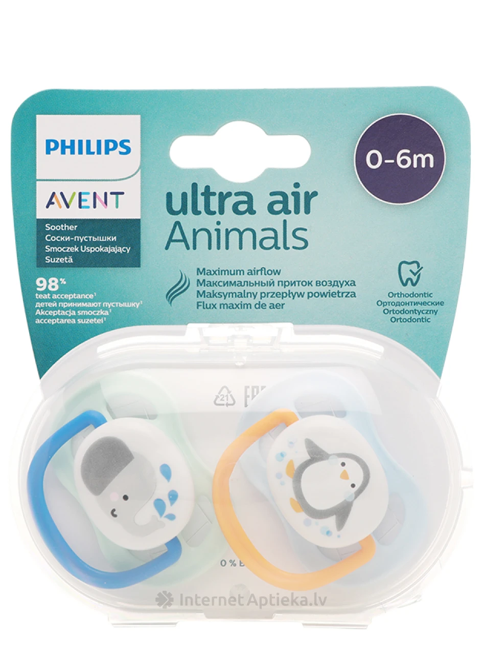 Соска Philips Avent Ultra Air Animals, для мальчиков 0-6 М, 2 шт. | internetaptieka.lv