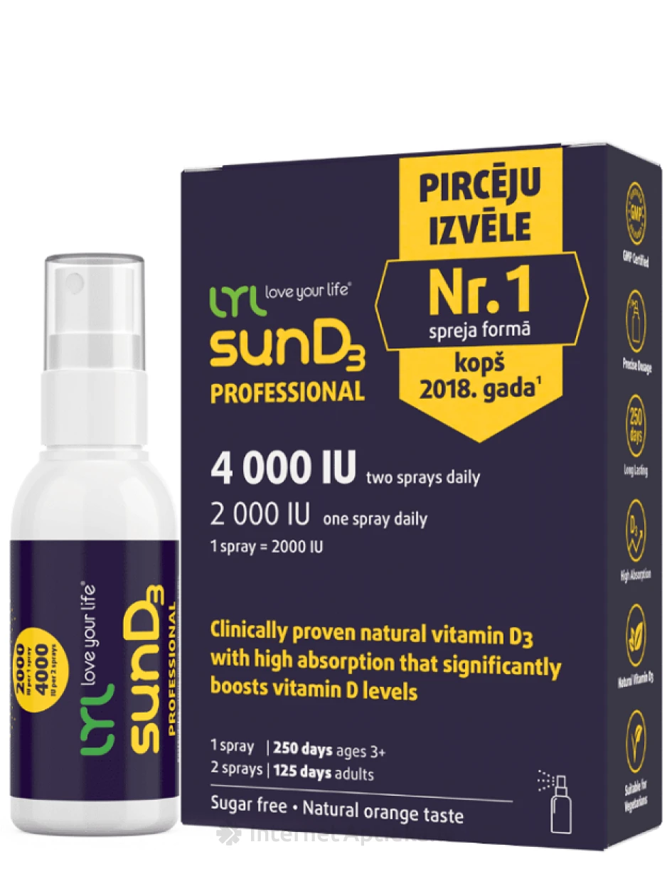 LYL sunD3 PROFESSIONAL 4 000 IU | 2 000 IU, pihusti, 50 ml | internetaptieka.lv