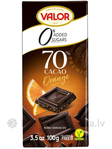 Valor тёмный шоколад 70% с апельсином без сахара, 100 г | internetaptieka.lv