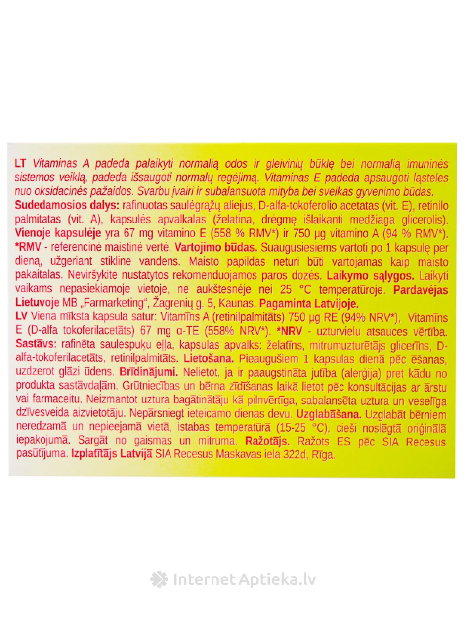 Vitamin A+E, 30 капсул | internetaptieka.lv