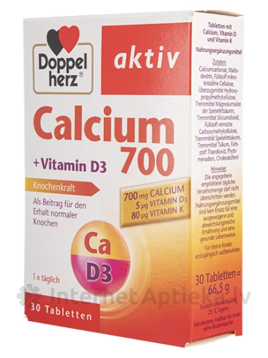 Doppelherz Activ Calcium 700 + Vitamīns D3, 30 tabletes | internetaptieka.lv
