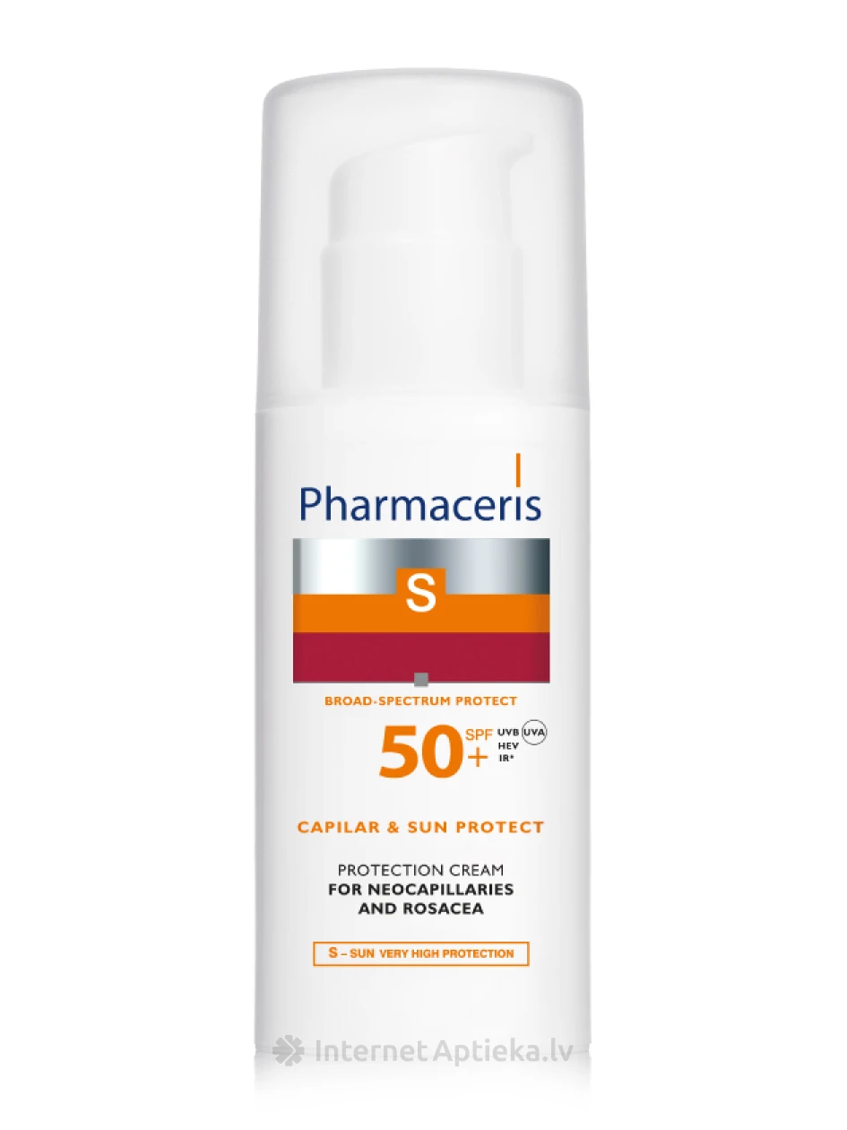 Защитный крем для кожи с расширенными капиллярами и розацеей Pharmaceris S SPF50+, 50 мл | internetaptieka.lv