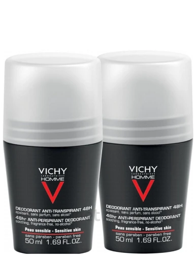 Vichy Homme dezodorants jutīgai ādai 72h - Antiperspirants Roll - On, 2x50 ml | internetaptieka.lv