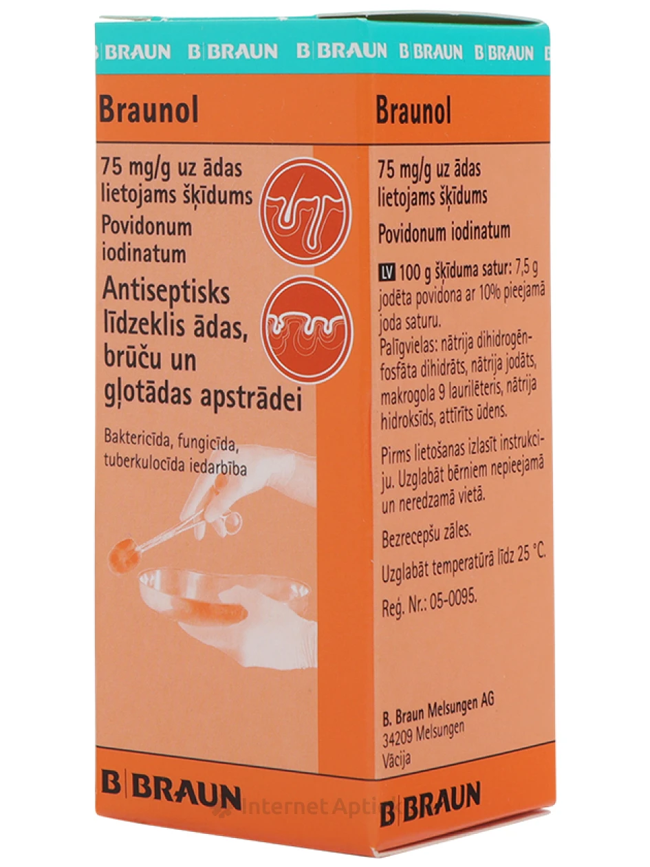 АНТИСЕПТИЧЕСКОЕ СРЕДСТВО ДЛЯ КОЖИ ДЛЯ ОБРАБОТКИ РАН BRAUNOL 75МГ/Г, 30 мл | internetaptieka.lv