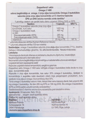 Doppelherz Activ Omega-3 1400mg, 30 капсул | internetaptieka.lv
