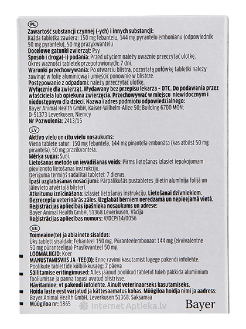 Drontal Dog Flavor ussitõrje tabletid koertele, 150/144/50mg, 2 tk. | internetaptieka.lv
