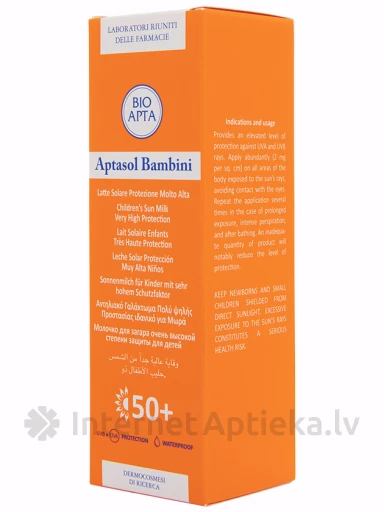 СОЛНЦЕЗАЩИТНОЕ МОЛОЧКО ДЛЯ ДЕТЕЙ BIOAPTA APTASOL BAMBINI 50+, 125 мл | internetaptieka.lv