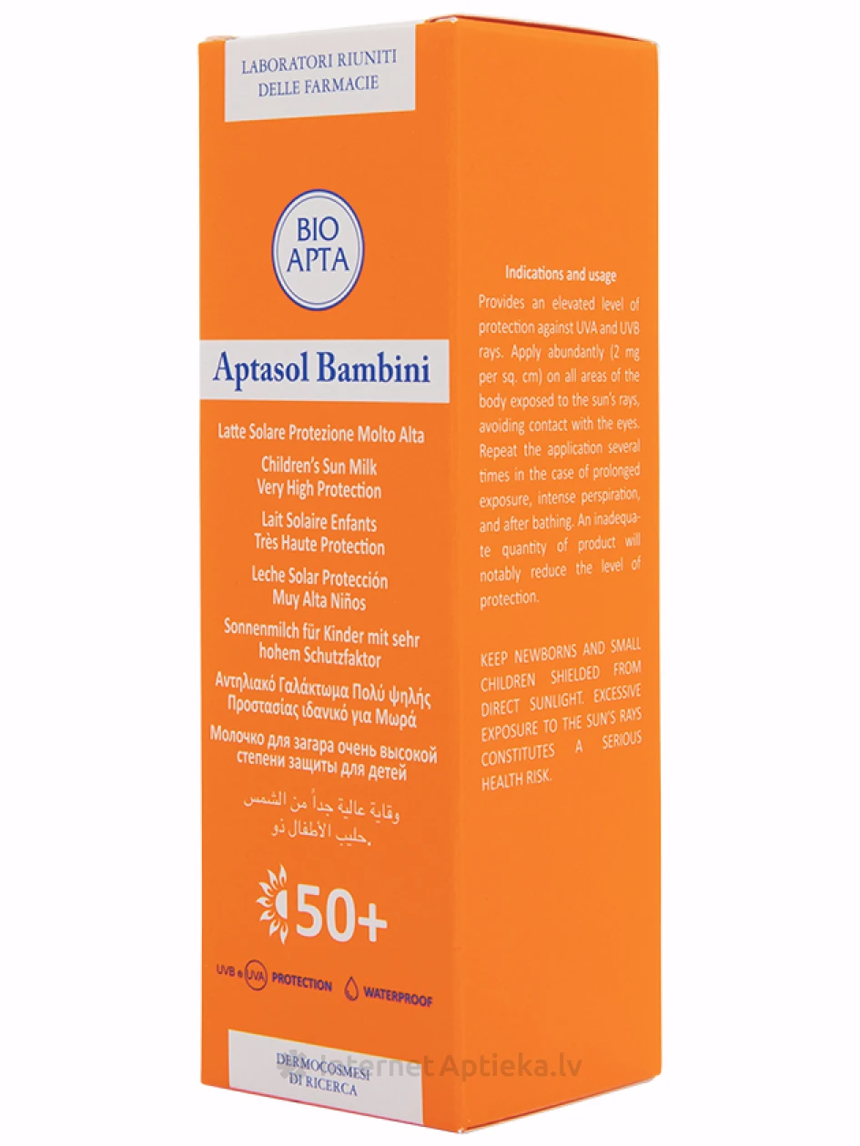 СОЛНЦЕЗАЩИТНОЕ МОЛОЧКО ДЛЯ ДЕТЕЙ BIOAPTA APTASOL BAMBINI 50+, 125 мл | internetaptieka.lv