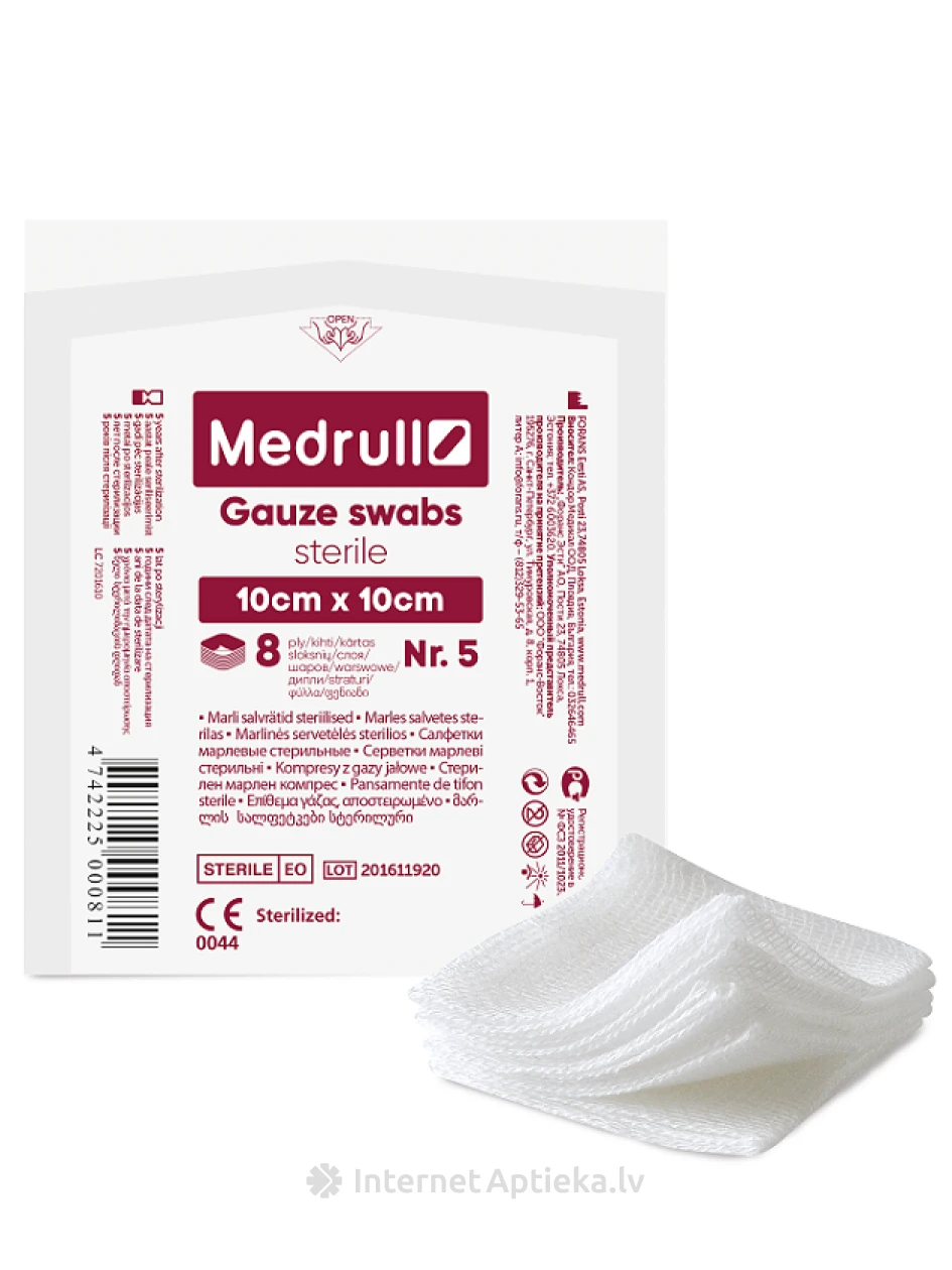 Medrull марлевые салфетки стерильные 10 х 10 см, 5 шт. | internetaptieka.lv