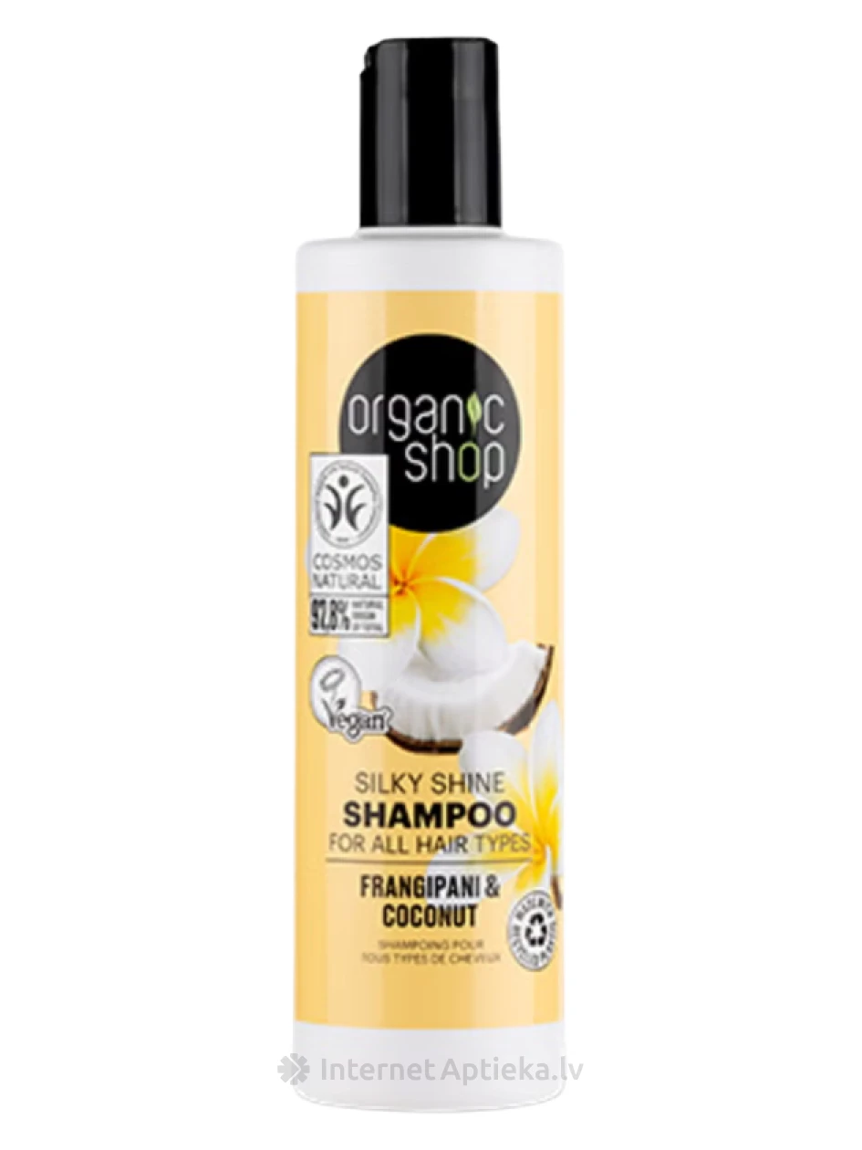 ORGANIC SHOP Blizges suteikiantis šampūnas visiems plaukų tipams Frangipani ir Kokosų, 280 ml | internetaptieka.lv