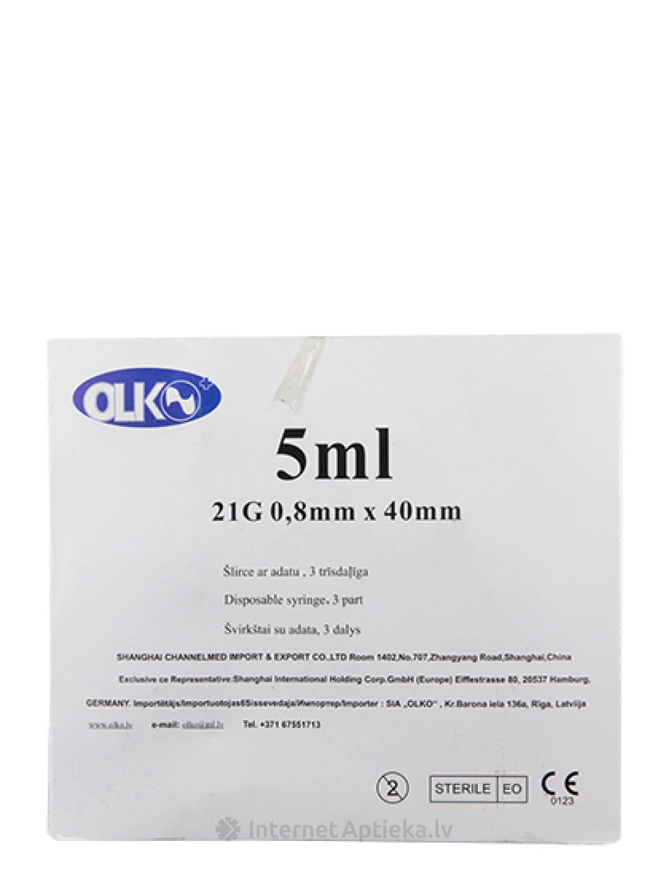 Olko Šļirce 5 ml, 21 G, 3-daļīga, ar adatu 0.8 x 40 mm, 100 gb. | internetaptieka.lv