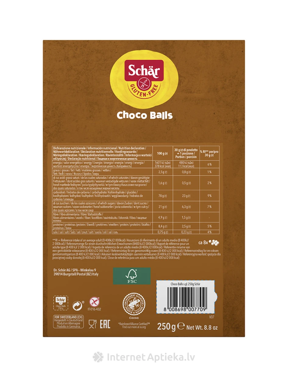Schär CHOCO BALLS хлопья без глютена с какао, 250 г | internetaptieka.lv