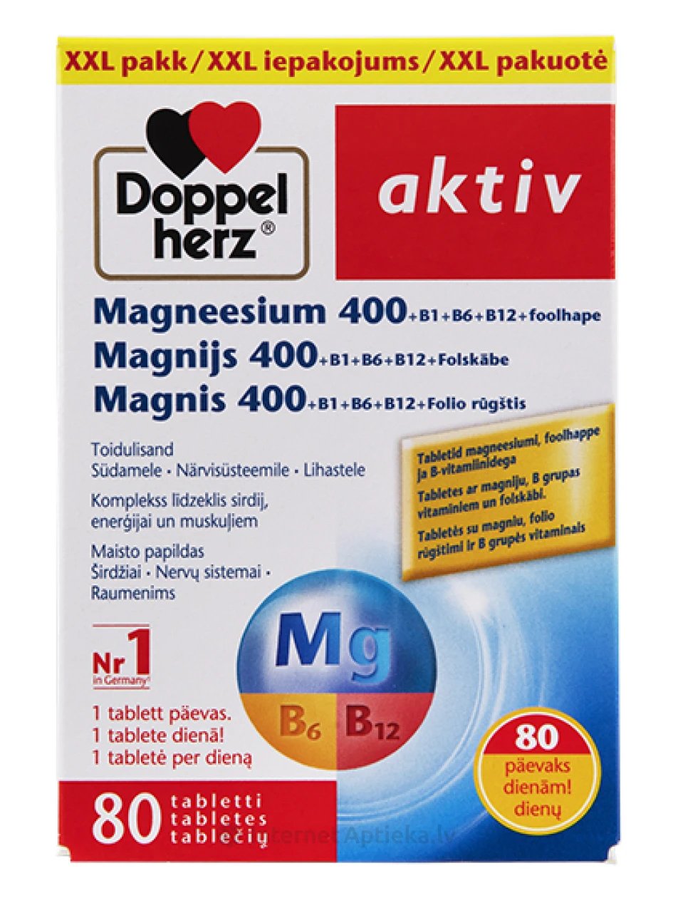 Doppelherz Aktiv Magnijs 400 + Folskābe + B grupas vitamīni, 80 tabletes | internetaptieka.lv