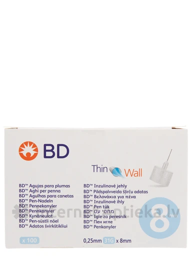 BD Thin Wall 8MM Иглы для инъекций инсулина, 0.25 мм x 8 мм, 31 г, 100 шт. | internetaptieka.lv